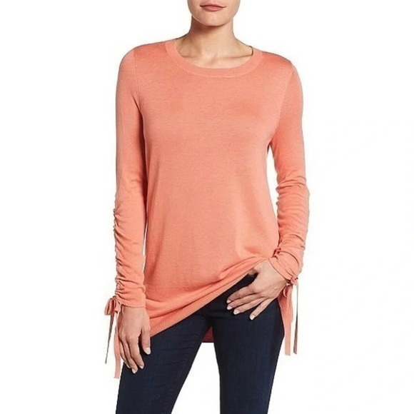 Halogen Sweaters - Halogen • Coral Ruched Sleeve Crew Neck Sweater